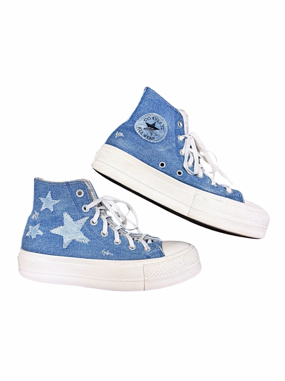 Converse platform denim high top sneakers, distressed stars applique, sz 7US